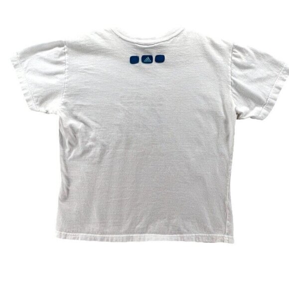 Vintage Adidas Medium White Crop T-Shirt With Blue Logo Graphic & Iconic Brandin - Picture 3 of 9